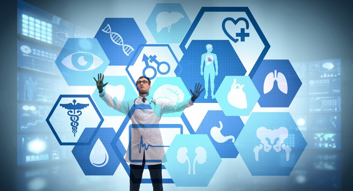 Doctor interacting with a connected grid of clinical data from every medical device