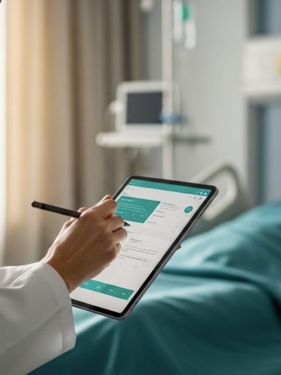 Clinician writing on a tablet at the bedside