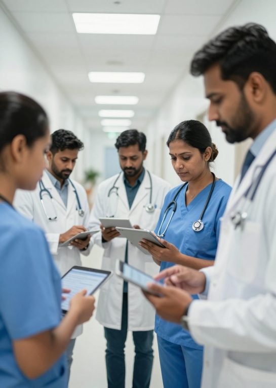 Clinical team using tablets in a hospital corridor